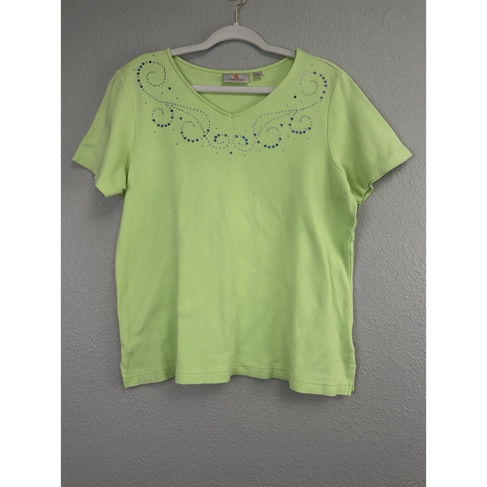 Quacker Factory Womens Top Large Green Embellished Rhinestone Short Sleeve Shirt